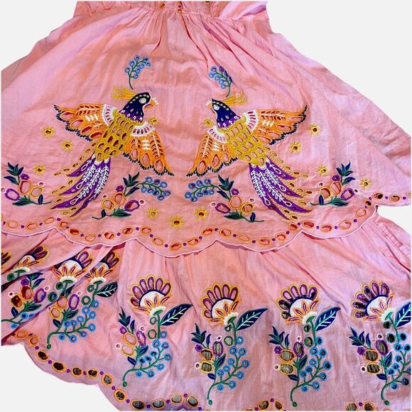 Farm Rio Richelieu Crossed Front Midi Dress Medium Pink Embroidered A Line - Picture 15 of 16